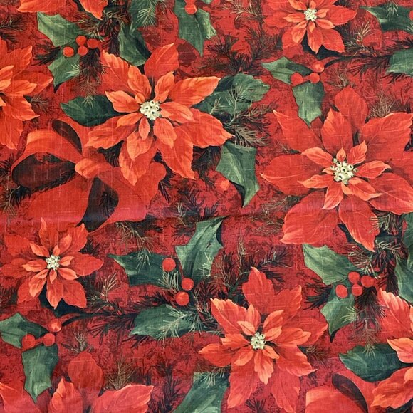 Vintage Christmas Poinsettia Round Tablecloth 66" Red Colorful Holiday EUC - Picture 2 of 4